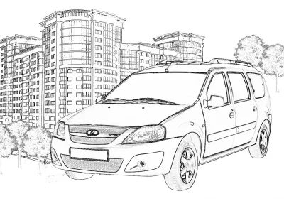 Автомобиль Lada Largus около многоэтажного дома
