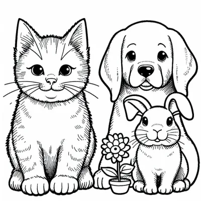 Котенок, щенок и кролик с цветком