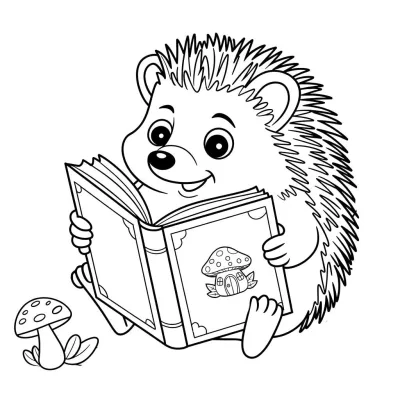 Ёжик читает книгу с грибом