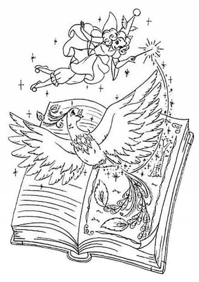Сказочная фея и жар-птица над книгой