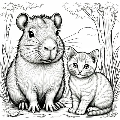 Капибара и котенок в лесу
