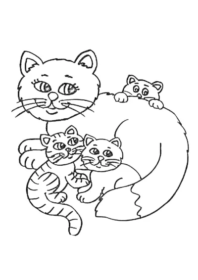 Кошка с тремя котятами