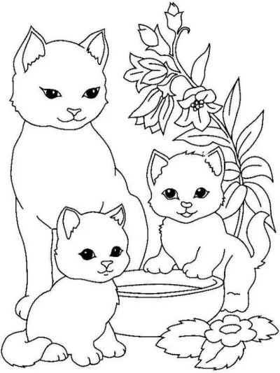 Кошка с котятами у миски