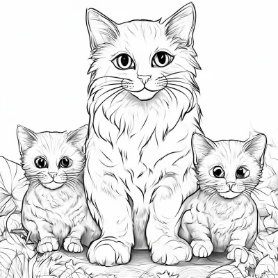Пушистая кошка с котятами в листьях