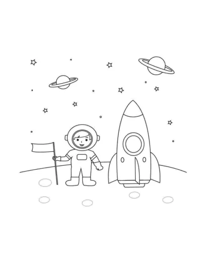 Космонавт с флагом у ракеты