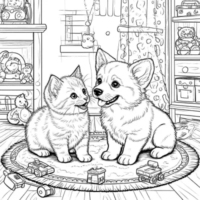 Котенок и щенок корги на коврике