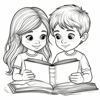 Мальчик и девочка с веснушками читают книгу