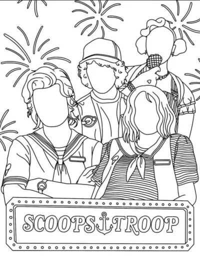 Стив, Дастин, Робин и Эрика с табличкой Scoops Troop