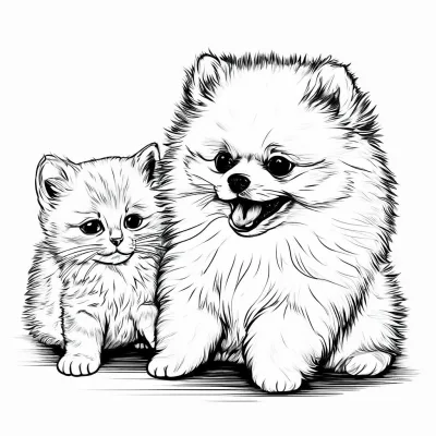 Пушистые котенок и щенок сидят