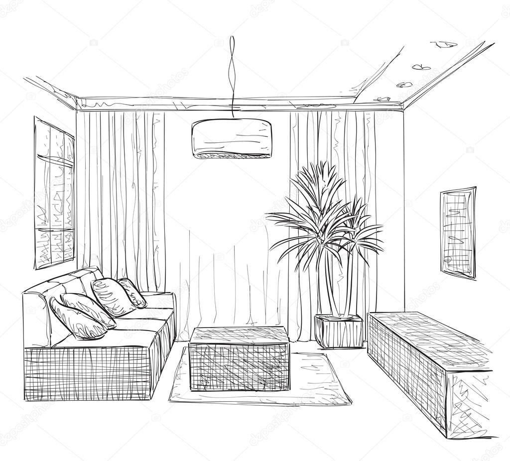 Эскиз интерьера с комнатными растениями